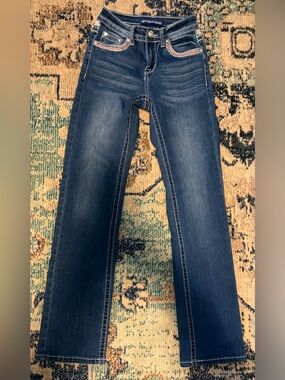 Women's Dark Blue Straight Leg Jeans with Embellished Pockets - Aeropostale